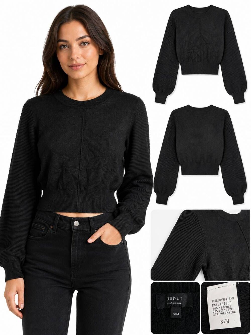 Debut S/M Black Balloon Sleeve Cropped Sweater NWT